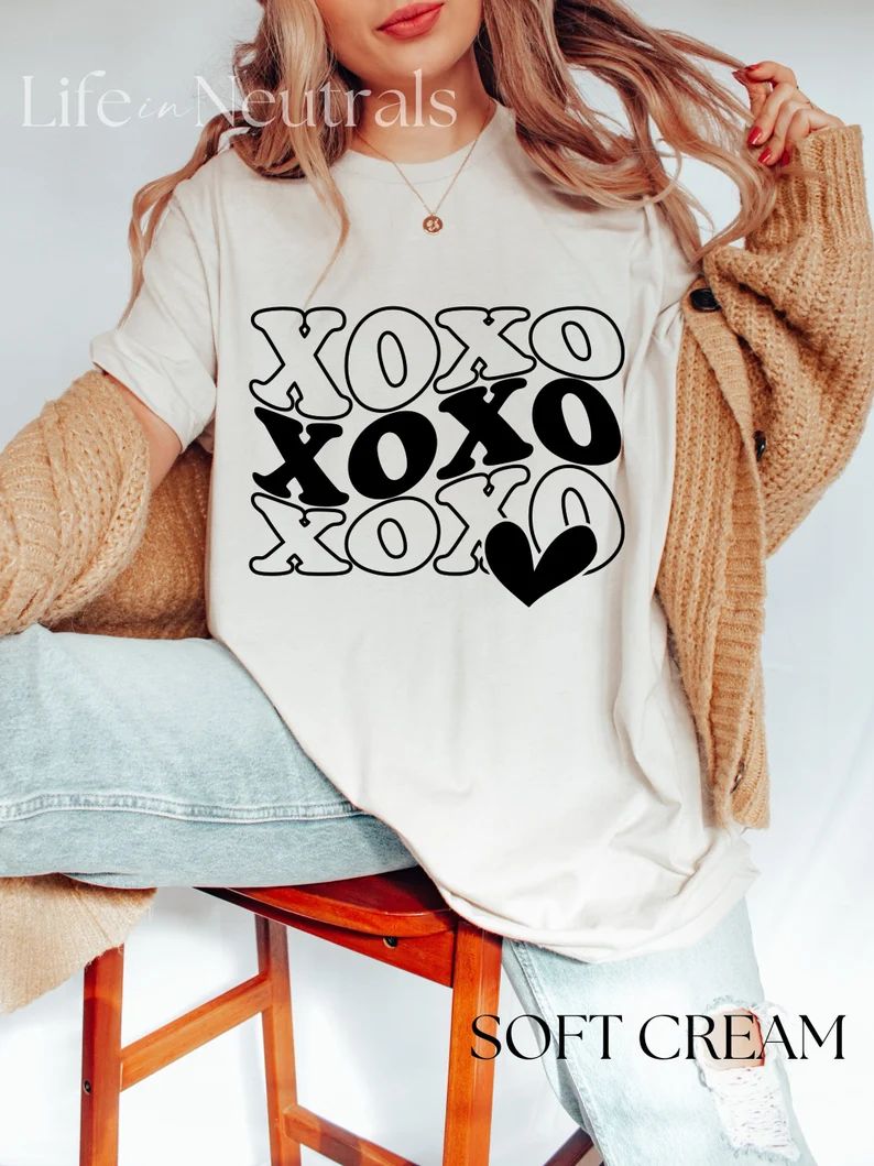 Retro Valentines T-Shirt, Bella Canva 3001, XOXO Valentine Shirt, Neutral Valentine T-Shirt, XOXO | Etsy (US)