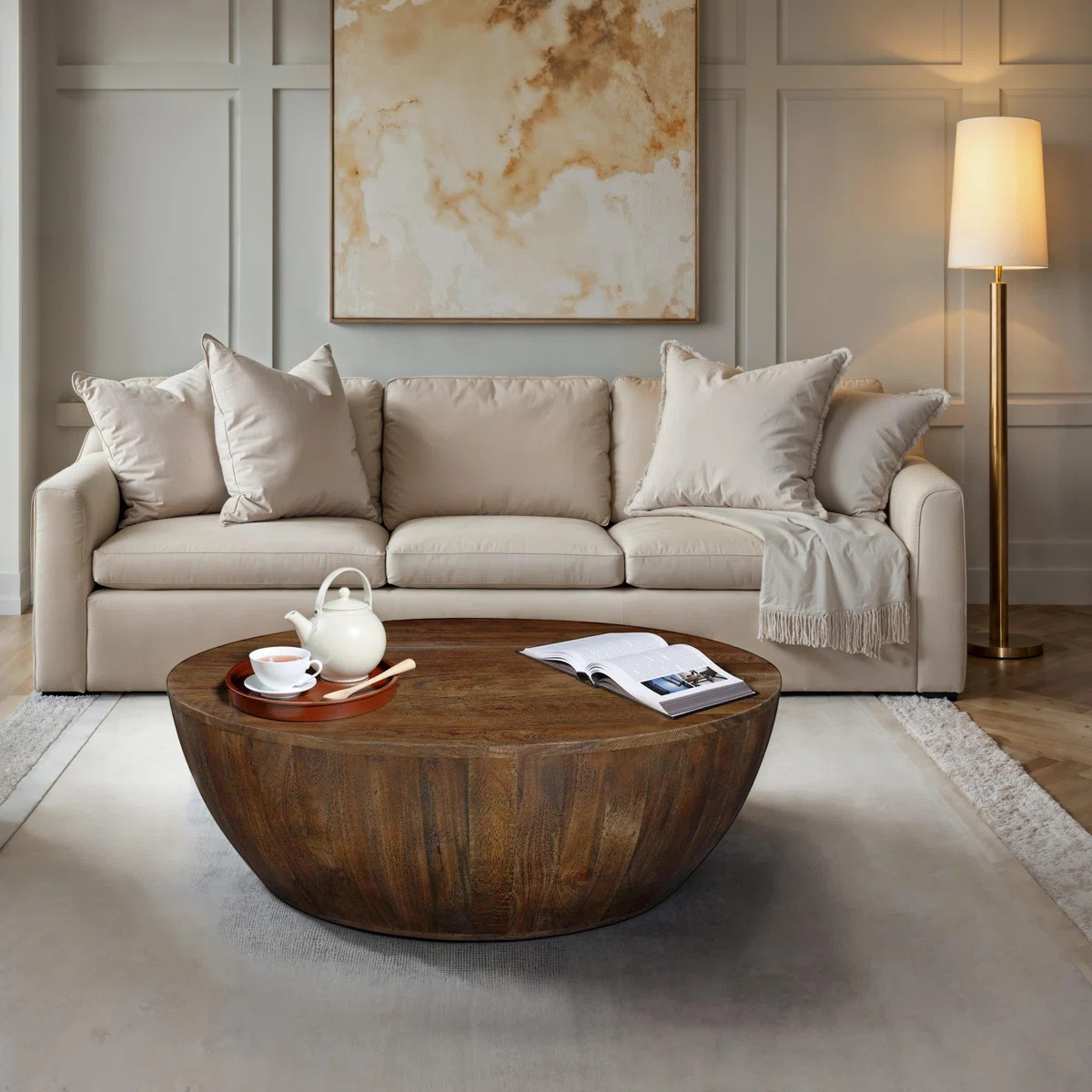 Arthur  Coffee Table | 35.5" Round Top | Drum Shaped Sandblasted walnut Brown Mango Wood | Wayfair North America
