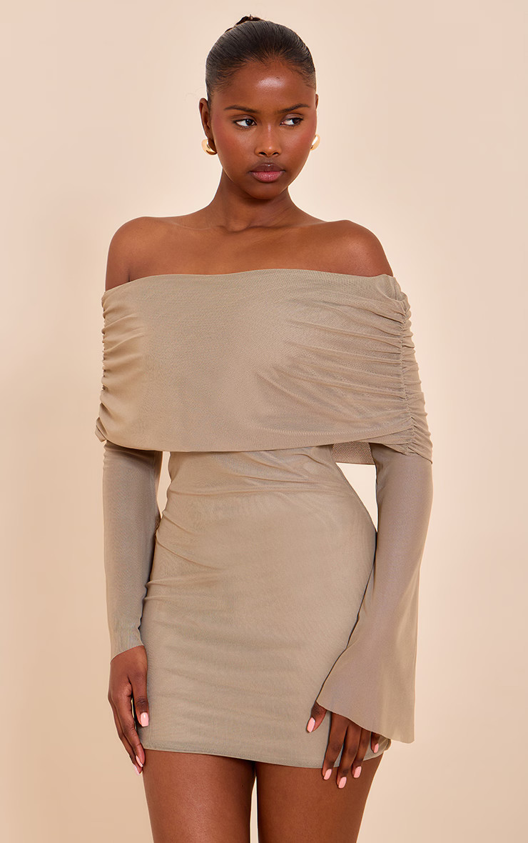 Taupe Lined Mesh Long Sleeve Mini Dress | PrettyLittleThing US