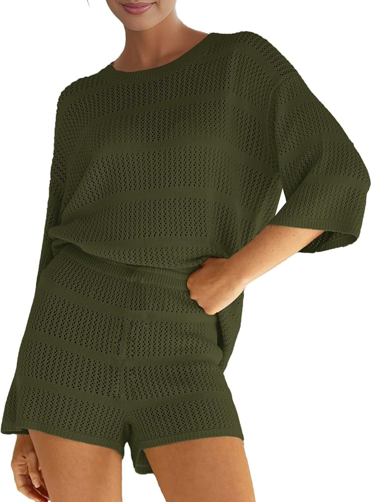 SuperPrity Women Swimsuit Coverup Set 2 Piece Crochet Hollow Out Knit 3/4 Sleeve Tops and Shorts ... | Amazon (US)