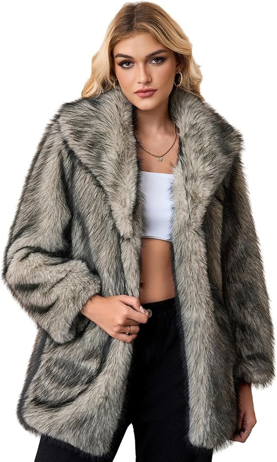 Women's Faux Fur Coats Mid Length Long Sleeve Fluffy Winter Outwear With Pockets | Amazon (US)