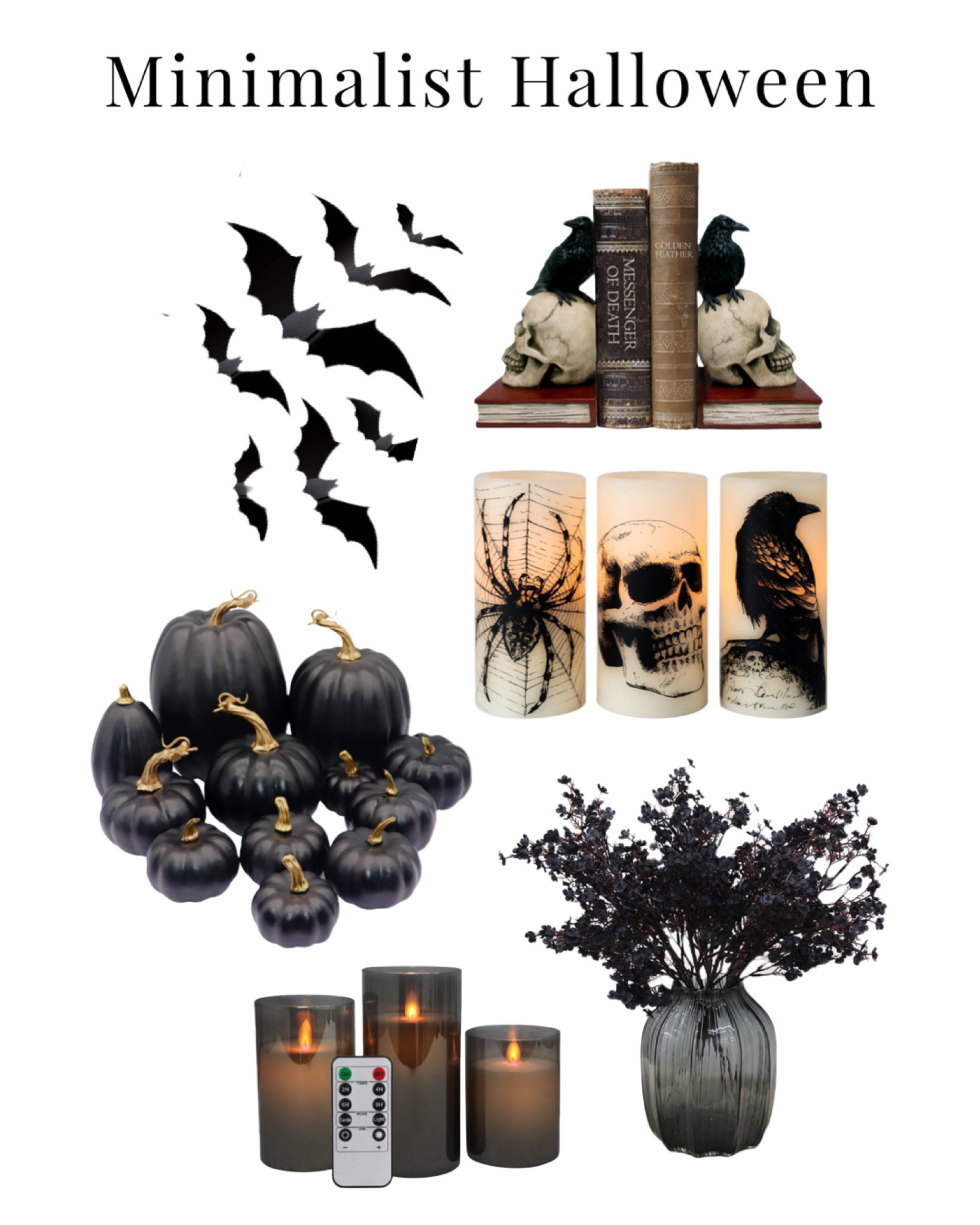 Minimalist black Halloween decor.
-
Amazon Home - Amazon Prime - affordable Halloween party decor - black feather wreath - black flameless candles - black battery operated taper candles - black branches - black flowers - matte black bags - skull and crow bookends 

#LTKSeasonal #LTKhome #LTKunder100