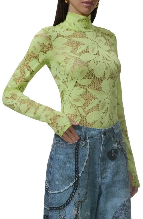 AFRM Zadie Turtleneck Sheer Lace Top in Lime Essence at Nordstrom, Size X-Small | Nordstrom