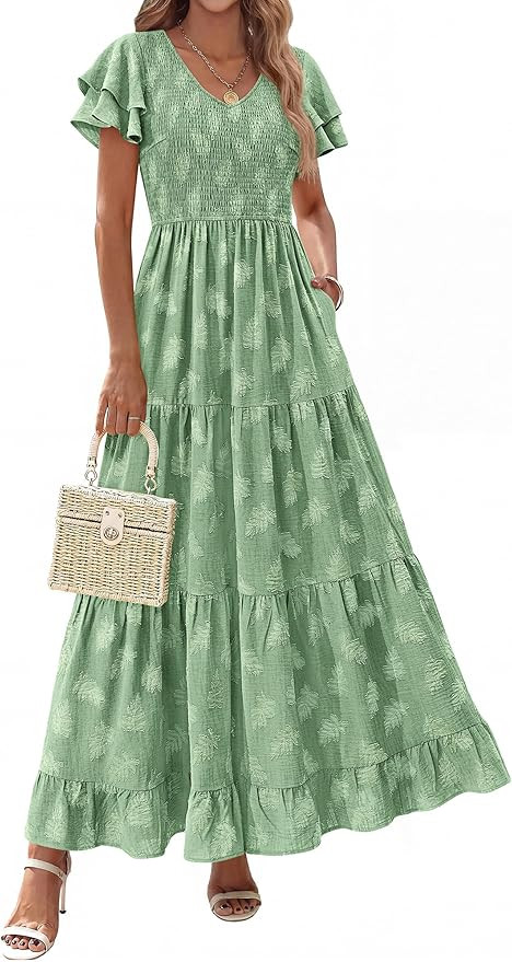 dowerme Maxi Dresses for Women 2026 Summer Ruffle Sleeve V Neck Smocked A Line Floral Boho Tiered... | Amazon (US)