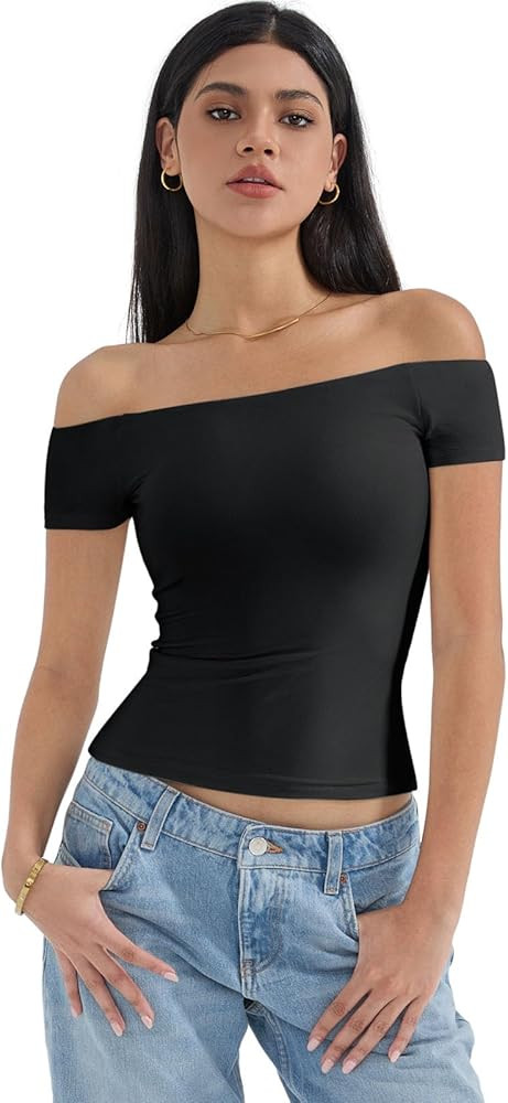 SUUKSESS Women Double Lined Off The Shoulder Tops Fitted Going Out Basic Shirts | Amazon (US)