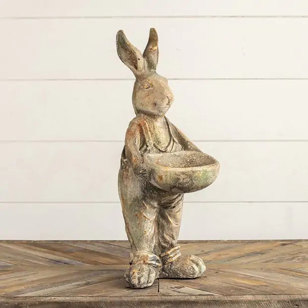 Bunny With Overalls Holding Bowl Statue | Antique Farm House