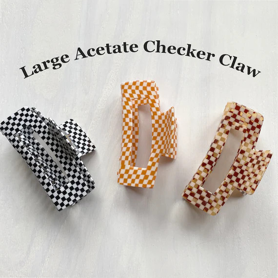 Large Tortoise Hair Claw, Checker Hair Claw, Square Acetate Hair Clip | Etsy (US)