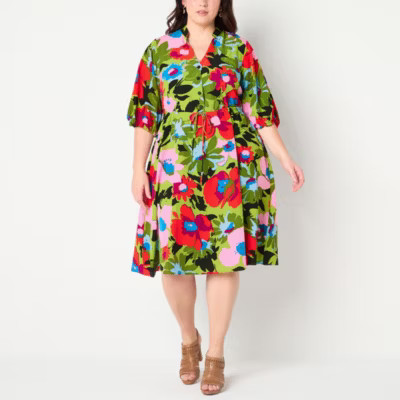 52seven Womens Elbow Sleeve Floral Midi Fit + Flare Dress Plus | JCPenney