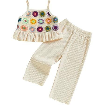 Toddler Baby Girl Summer Clothes Outfits Crocheted Ruffle Camisole Pants Kids Clothing Set | Amazon (US)