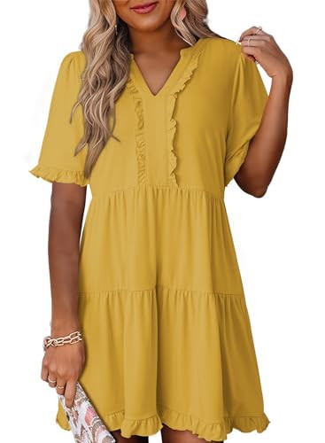 Dokotoo Summer Dresses for Women Short Sleeve V Neck Empire Waist Casual Flowy Swing Plus Size Babydoll Western Tiered Tunic A Line Dresses with Pockets Yellow Dress XL | Amazon (US)