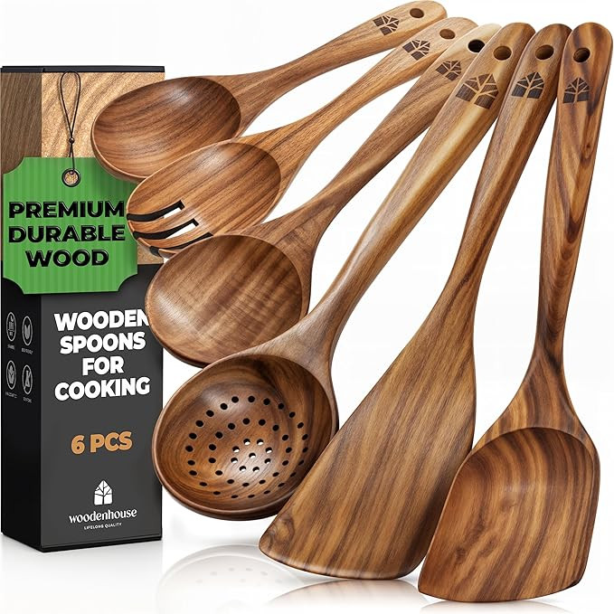 Wooden Spoons for Cooking – Wooden Kitchen Utensils Set, 6 Pcs Teak Wood Utensil Set – Comfor... | Amazon (US)