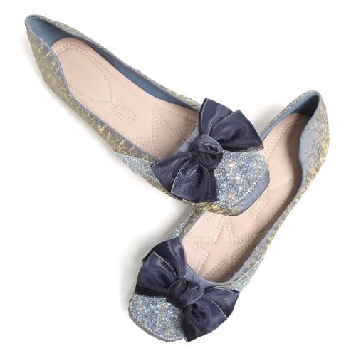 SAILING LU Square Toe Flats Shoes Bowknots Ballet Flats for Women Studded Dress Shoes Comfort Light Weight Loafers Blue Beige Size 9.5 | Amazon (US)