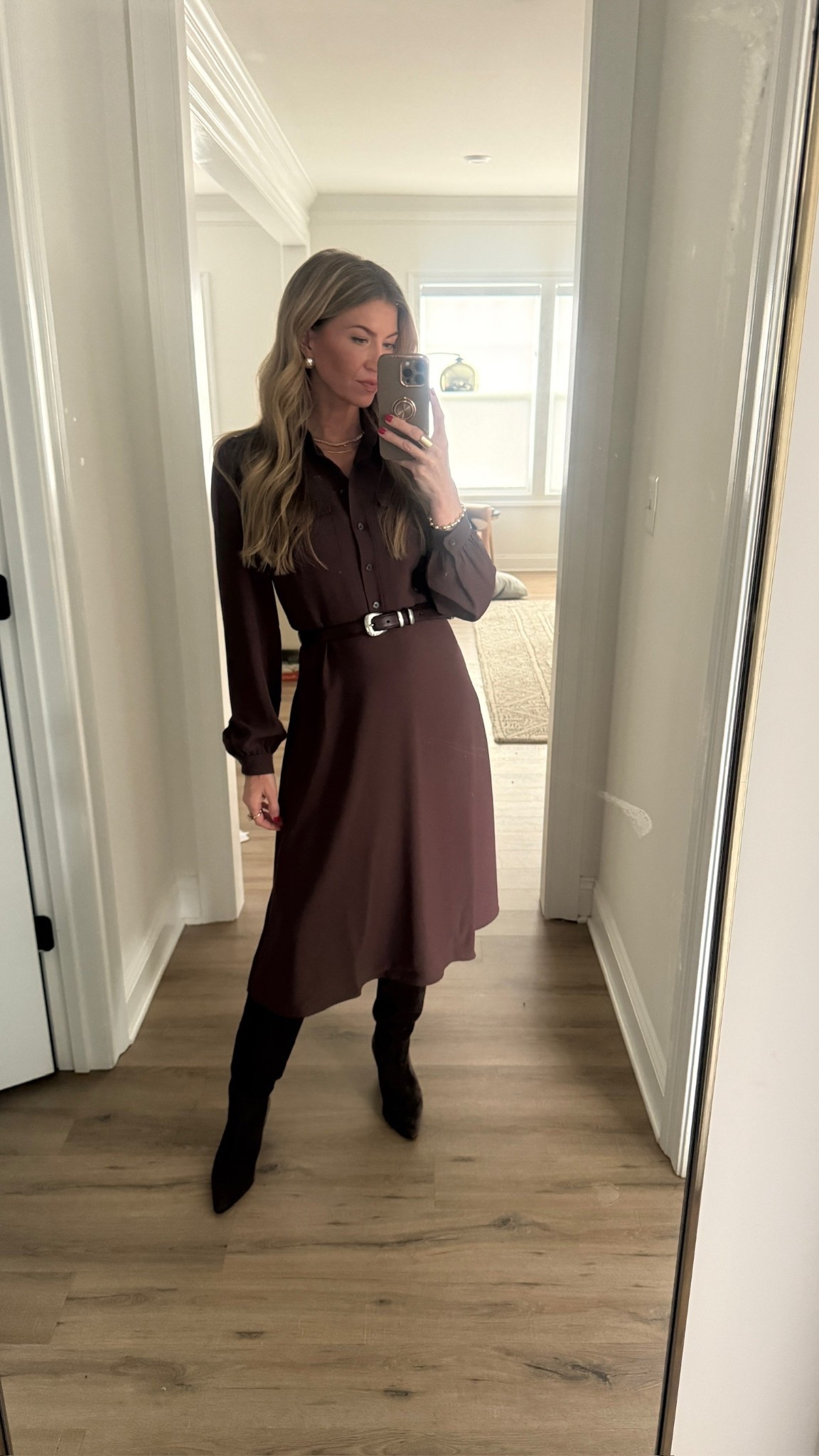 Brown crepe shirtdress: on sale! TTS, wearing a 2
Long wool coat: on sale! TTS, wearing a 2
Tall dark brown suede boots: run TTS
#LTKGiftGuide 

#LTKootd #LTKSeasonal