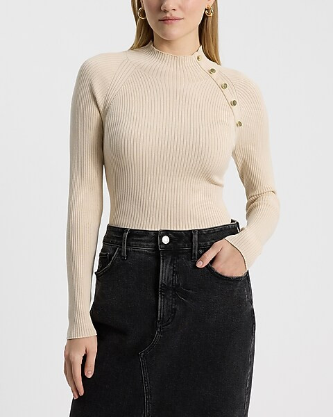 Silky Soft Fitted Ribbed Mock Neck Button Shoulder Sweater | Express
