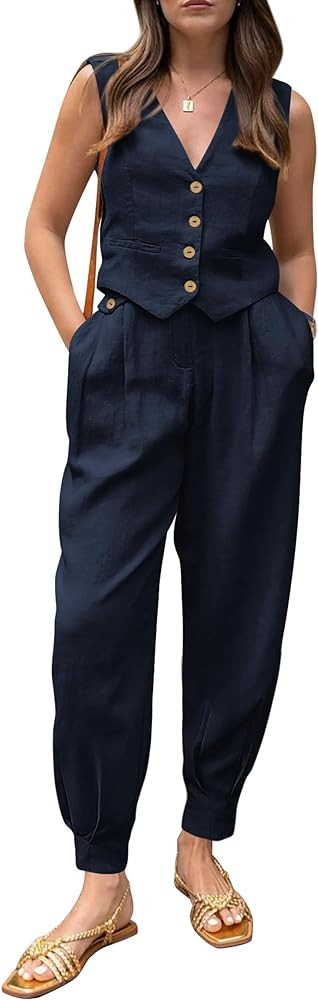 PRETTYGARDEN Women's Summer Two Piece Outfits V Neck Button Front Cropped Tank Tops Vest Pockets ... | Amazon (US)