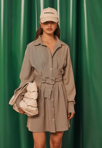 Brown Dogstooth Belted Shirt Dress | Missguided (US & CA)