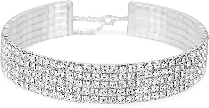 Amazon.com: Rhinestone Choker 5 Row Silver by LuxeLife – Women’s Crystal Look Necklace with 5... | Amazon (US)