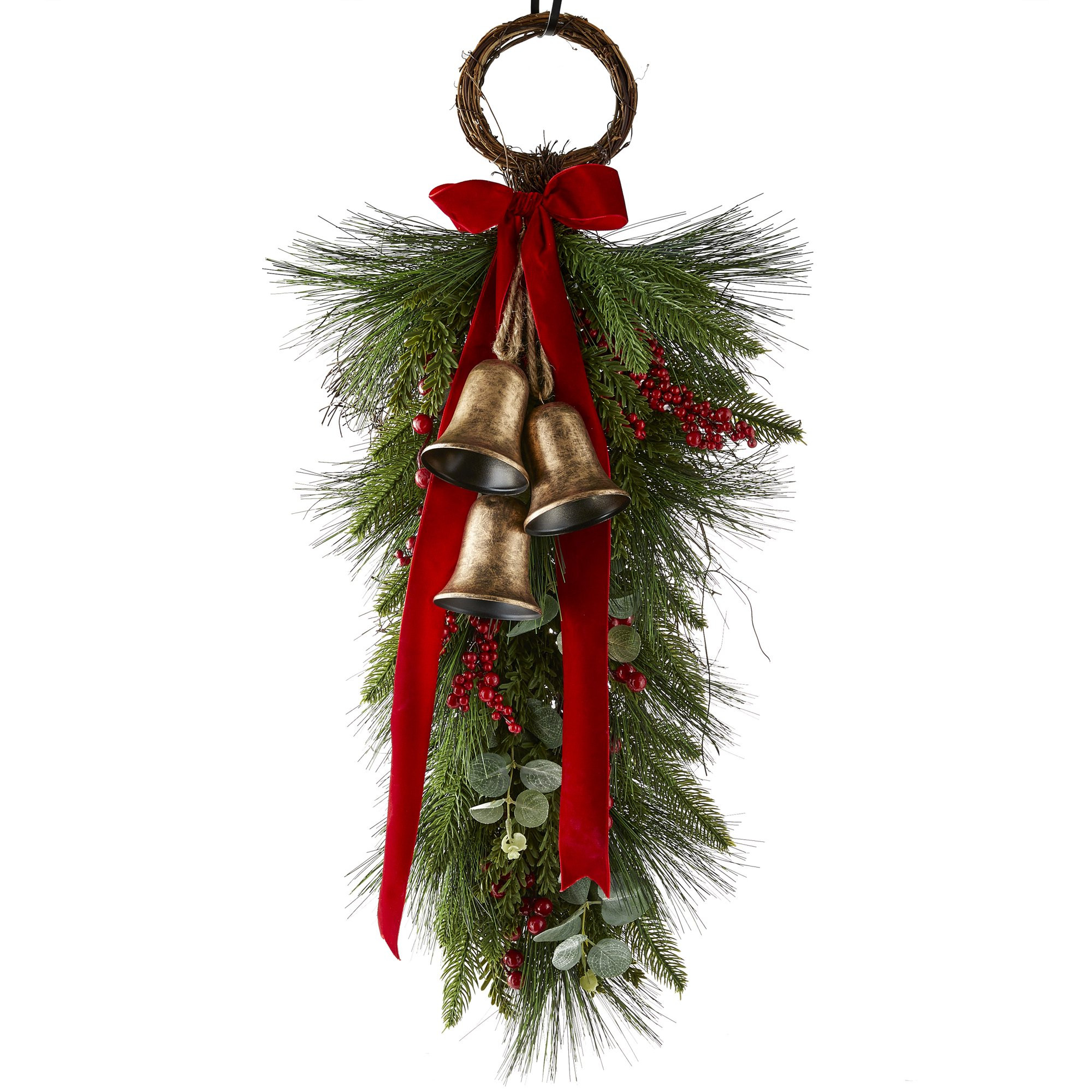 Unlit Pine and Berries Teardrop Christmas Wreath Decor, 30" x 16", 25 oz, Holiday Time | Walmart (US)