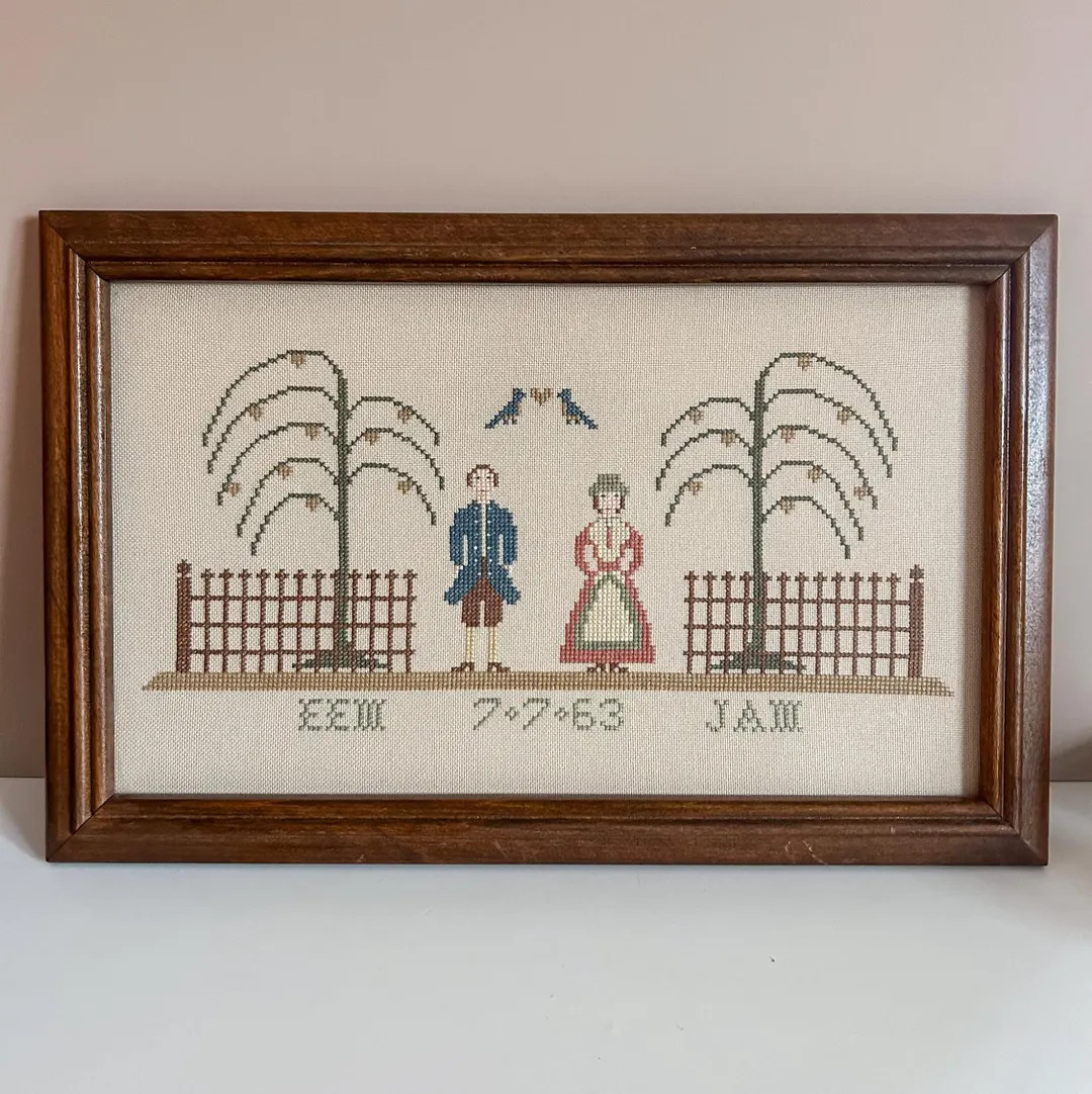 Vintage Framed Cross Stitch Sampler: 1963 Folk Art Couple | Etsy (US)