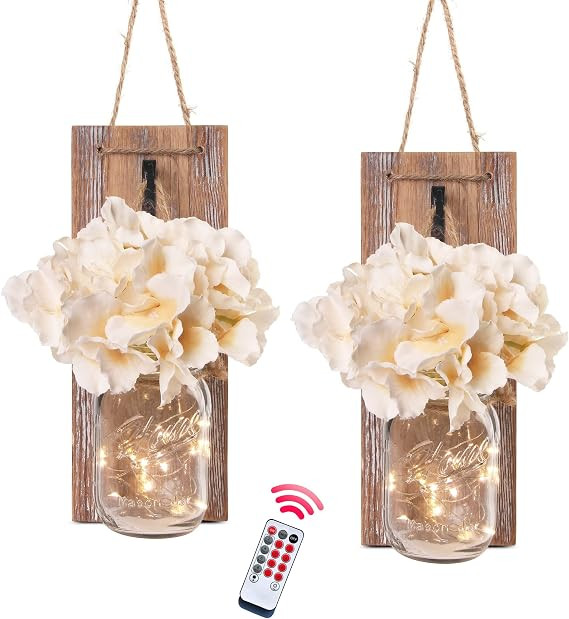 Besuerte Mason Jar Wall Sconces Set of Two, Wall Deco Cute Wall Decor with LED Fairy Lights, Art ... | Amazon (US)