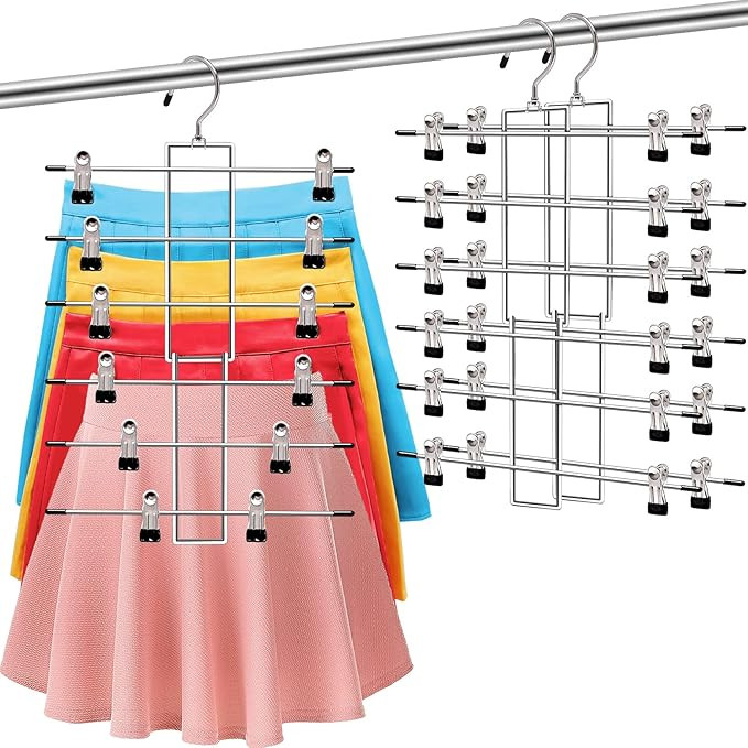 3 Pack Pants-Hangers-Space-Saving,6 Tier-Closet-Organizers-and-Storage Skirt Hangers with Clips,C... | Amazon (US)