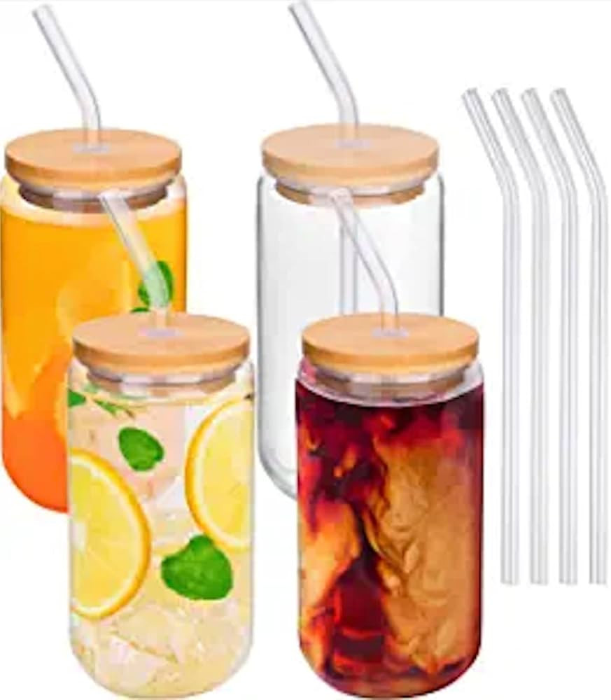 Glass Cups With Lids And Straws - 16oz Drinking Glasses 4pcs Set - Glass Coffee Cups With Lids An... | Amazon (US)