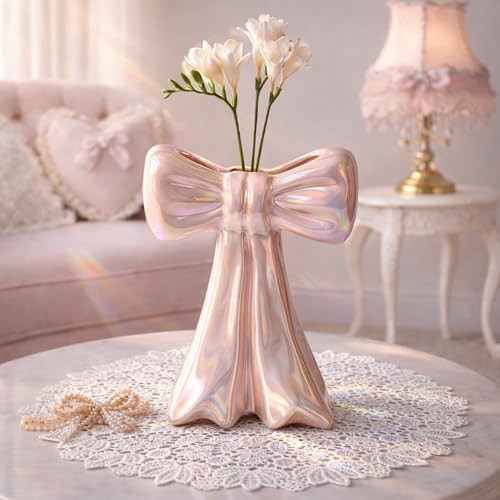 Pink Bow Vase for Flowers, Glossy Ceramic Flower Holder with Narrow Opening for Flower Arranging, Coquette Decor for Desk, Shelf, Vanity, Feminine Home Accent | Amazon (US)