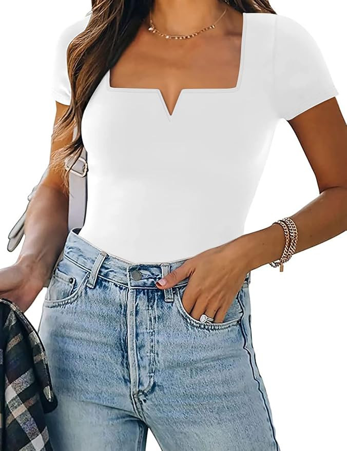 SAUNGKUAI Women's Long Sleeve Short Sleeve Notch Neck Square Neck Thong Bodysuit Tops | Amazon (US)