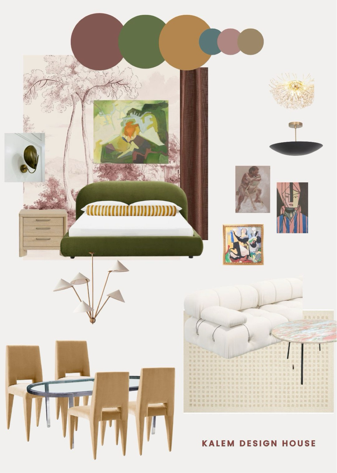 Jeanette studio furniture board. Wall mural with velvet green bed, unique brass lighting, with brass chandelier, yellow gold velvet dining chairs and yellow striped pillows

#LTKHome