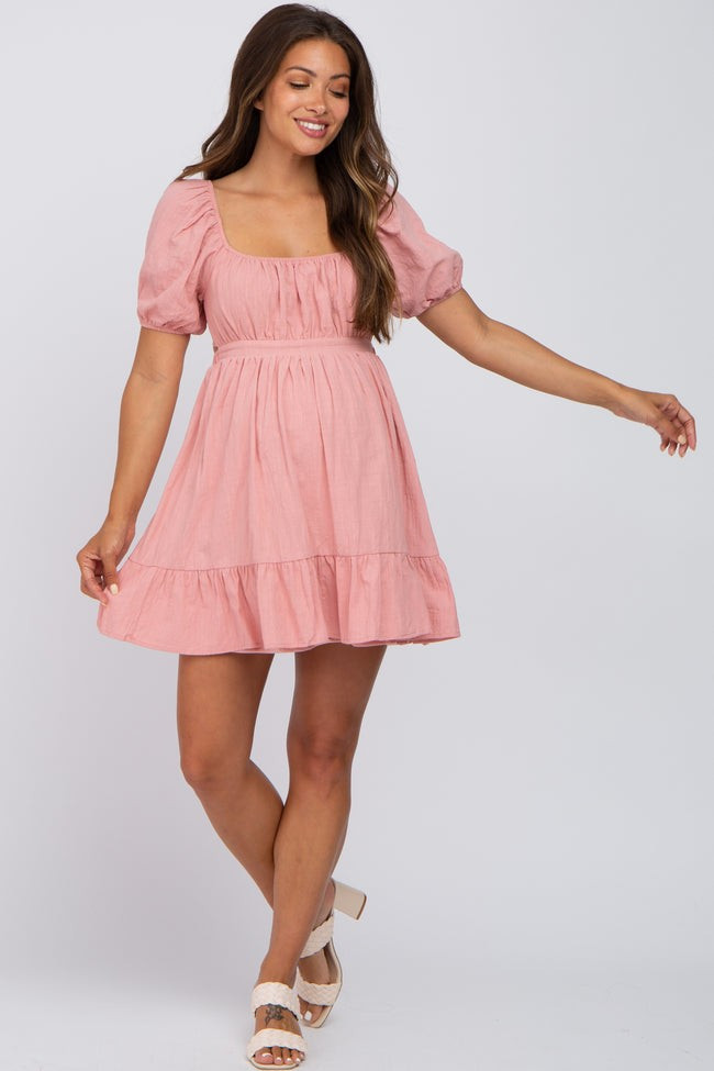 Mauve Puff Sleeve Cutout Back Maternity Dress | PinkBlush Maternity