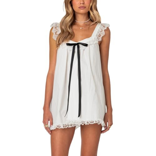 Women's Babydoll Mini Dress Y2k Cute Spaghetti Strap Flowy Smocked Sundress Summer Casual Trendy Going Out Outfits (White, L) | Amazon (US)