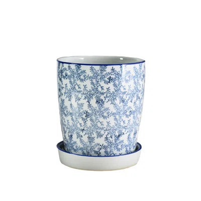 Ming Blossom Blue/White Ceramic Planter With Saucer, Chinese Porcelain-Inspired Floral Pot With Drainage Hole, Glazed Indoor Plant Pot, 8" Diameter & | Wayfair North America