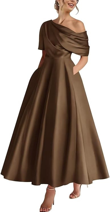 Tea Length Satin Mother of The Bride Dresses for Women One Shoulder Formal Evening Gown with Pock... | Amazon (US)