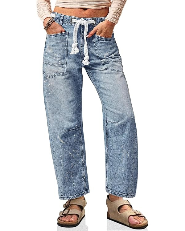 Cicy Bell Womens Baggy Barrel Horseshoe Jeans Wide Leg Drawstring Vintage Denim Pants with Front ... | Amazon (US)