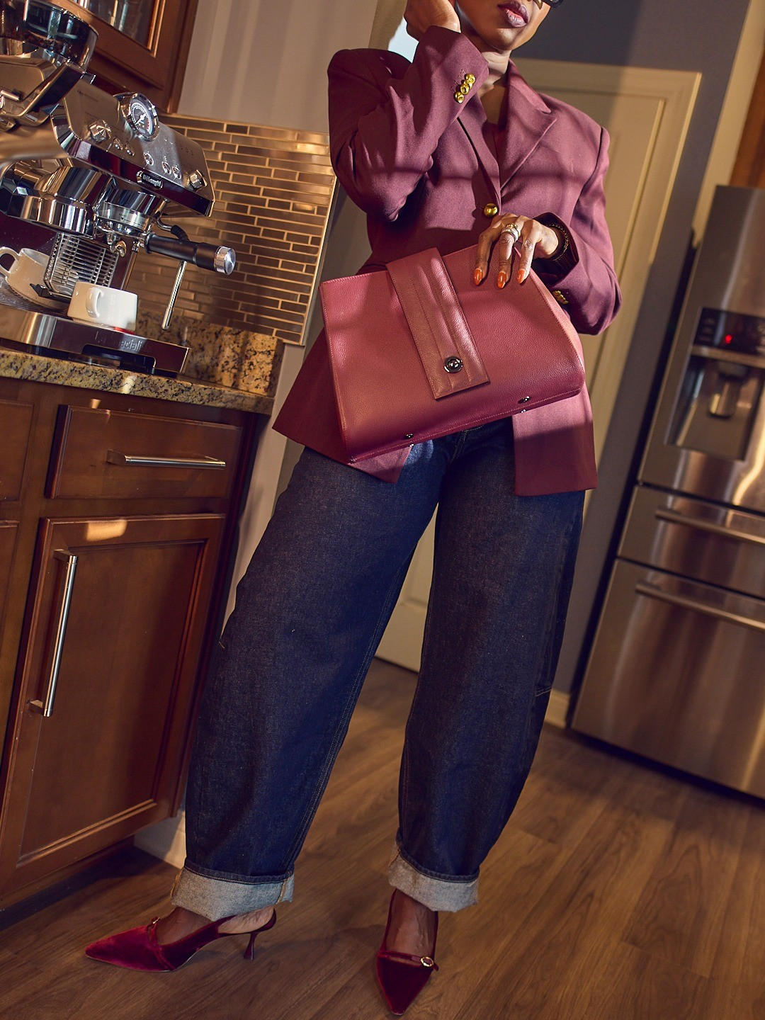 A burgundy blazer with blue barrel jeans outfit 🍷💙 Wearing the blazer in a size L and the jeans in 31. Exact bag from mytomoli.com, Banana jeans, cinched blazer outfit, Fall 2025 style, elevated casual fashion, autumn looks, burgundy heels, Larroudé, Calvin Klein, Meshki

#LTKOver40 #LTKStyleTip #LTKWorkwear