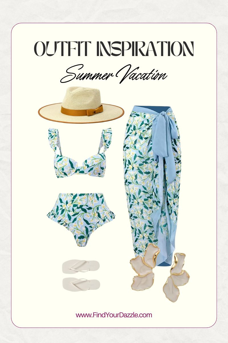 Vacation essentials. Bikini set with matching cover up. Flip flops, wide brimmed hat, with floral earrings for summer from Amazon. Beach essentials  

 #LTKSeasonal #LTKPetite #LTKFindsUnder100