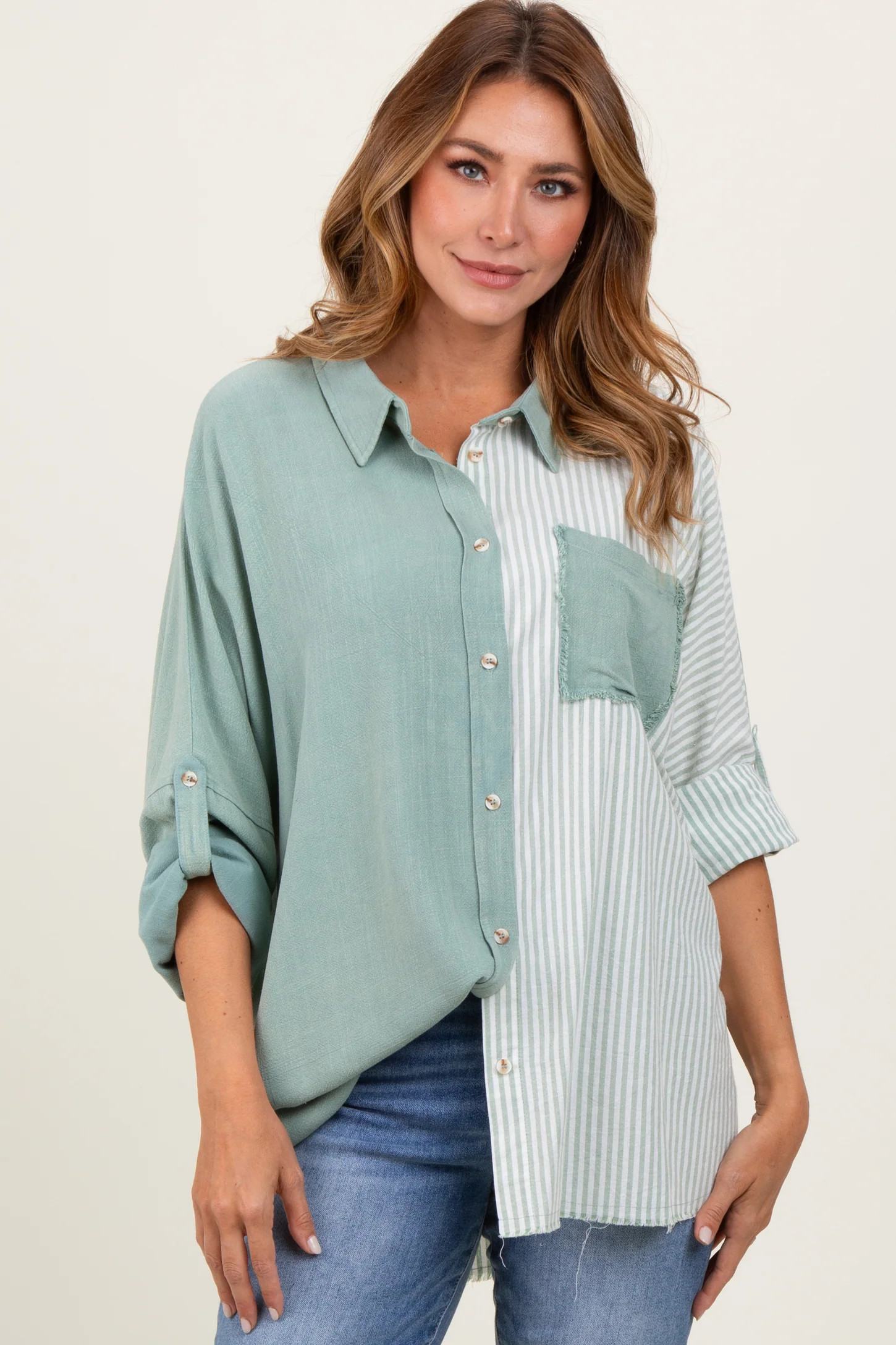 Light Olive Colorblock Stripe Oversized Button Down | PinkBlush Maternity