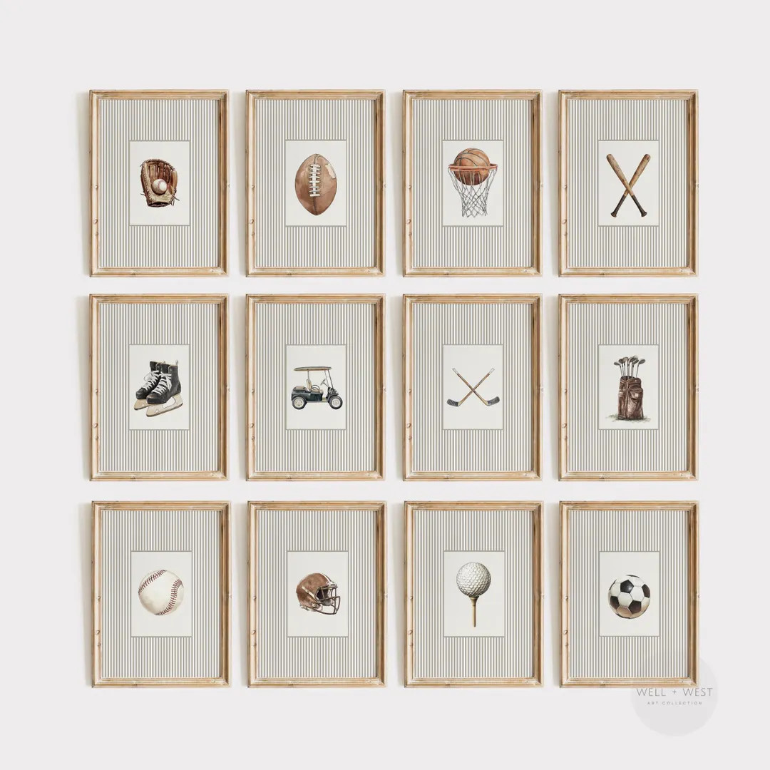 Set of 12 Sports Prints | Vintage Style Illustrations | Baseball, Football, Golf, Hockey, Basketb... | Etsy (US)