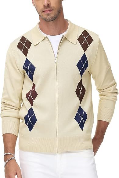 PJ PAUL JONES Men's Vintage Argyle Sweater Long Sleeve Zip Up Sweater Cardigan | Amazon (US)