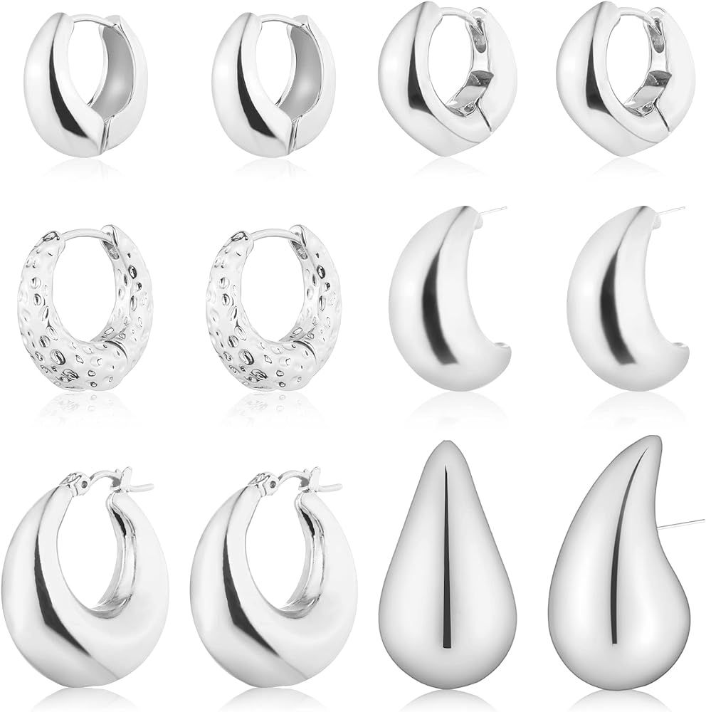 Wgoud Chunky Gold Hoop Earrings for Women, Lightweight Waterdrop Open Hoops Earrings Set, Hypoall... | Amazon (US)