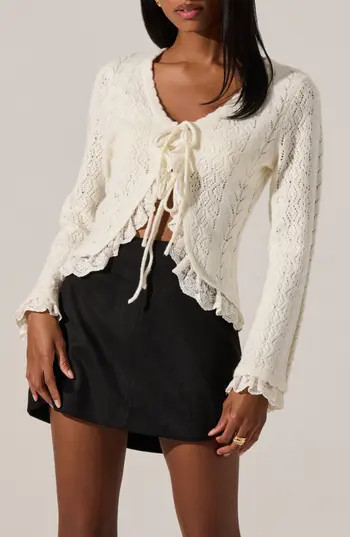 ASTR the Label Lacey Ruffle Pointelle Tie-Front Cardigan in Cream at Nordstrom Rack, Size X-Small | Nordstrom Rack