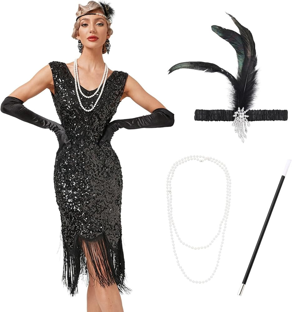 ODOLDI Roaring 20s Costumes for Women 1920s Gatsby Flapper Fringed Sequin Dresses with 20s Access... | Amazon (US)