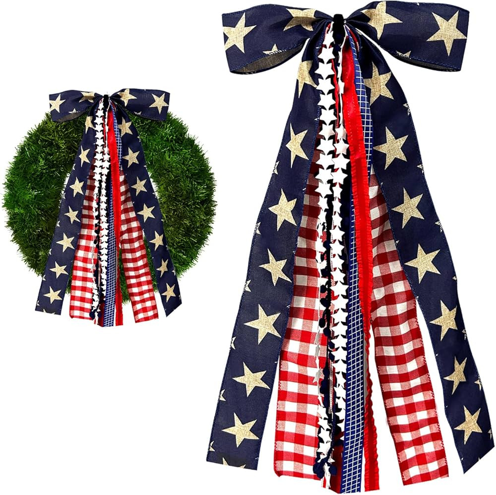 Large Patriotic Star Ribbon Bow for Wreath, Red White Buffalo Plaid Fabric Ribbons Set Assorted L... | Amazon (US)