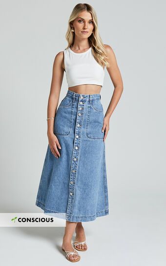 Alisa Midi Skirt - Button Through A Line Denim in Mid Blue Wash | Showpo (US, UK & Europe)