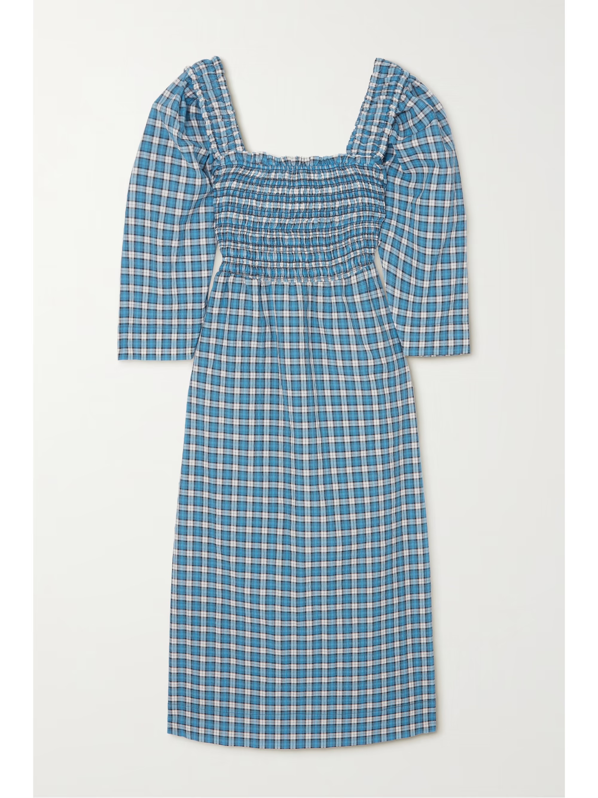 Blue Smocked checked organic cotton-blend seersucker midi dress | GANNI | NET-A-PORTER | NET-A-PORTER (US)