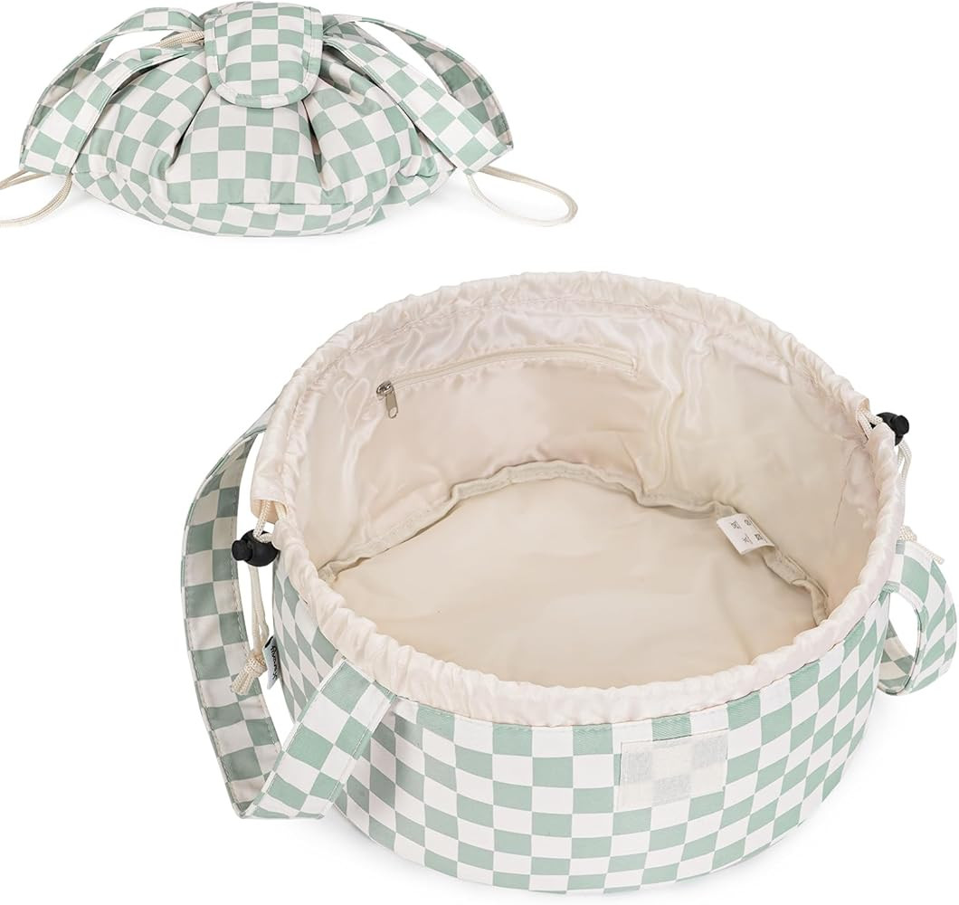Narwey Barrel Drawstring Checkered Makeup Bag Large Cosmetic Bag Make up Bags Toiletry Bag Travel... | Amazon (US)