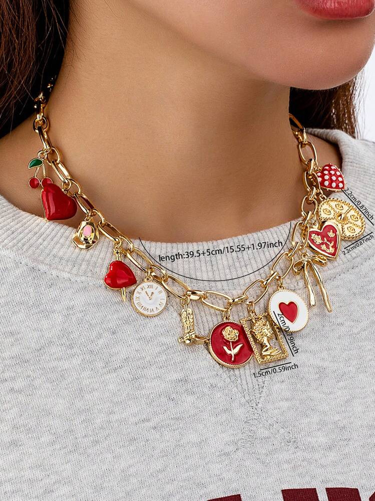 1pc Red Drip Oil Heart Shape Cherry Bow Decor Multi Pendant Necklace, & Fun Jewelry Valentines | SHEIN