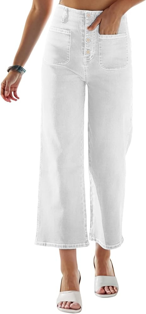 Omoone High Waisted Jeans for Women Straight Wide Leg Stretchy Loose Denim Pants with Pockets | Amazon (US)