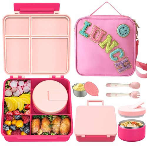 Kids Bento Lunch Box with 8oz Soup Thermo, Kids Leakproof Lunch Food Containers with 4 Compartment, Kids Insulated Hot Food Jar with Lunch Bag for School, Trvael (Pink) | Amazon (US)