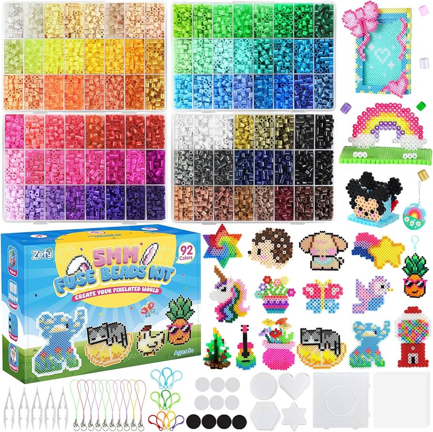 Zefy Fuse Beads Kit 92 Colors 19200 Pcs Melting Beads 5mm Beads Craft Kit     124 Patterns, 6 Peg... | Amazon (US)